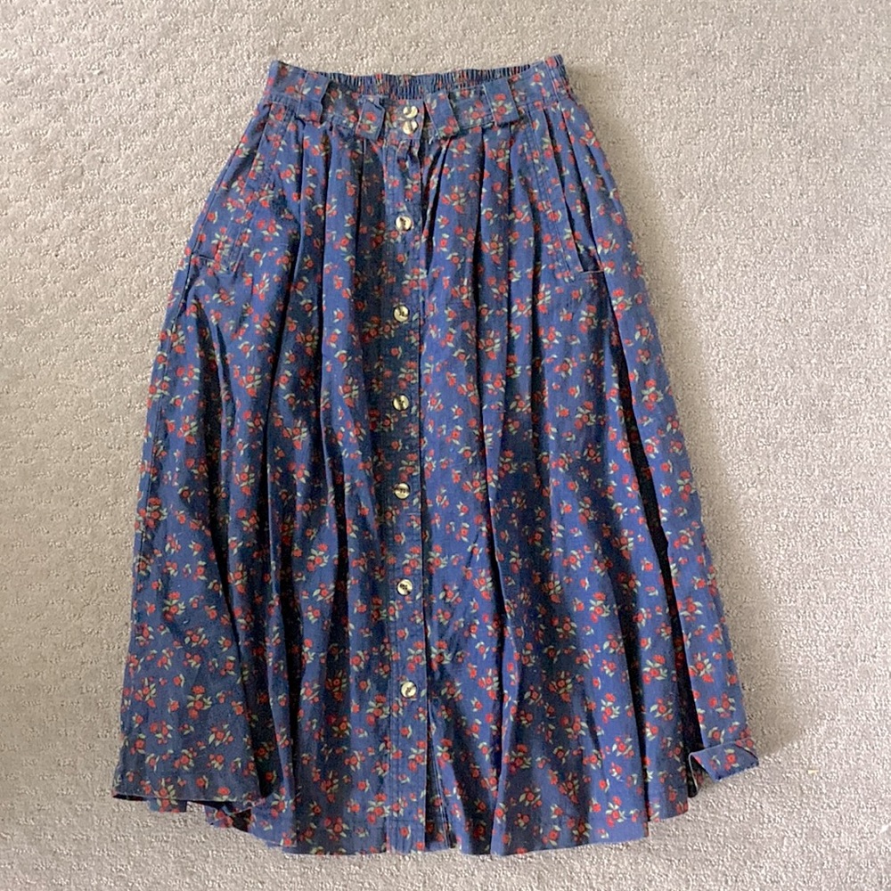 Gitano Blue Floral Midi Skirt with Red Accents